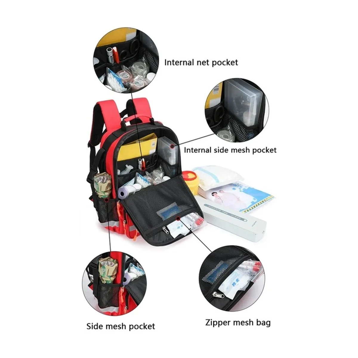 Red/Black/Orange/Navy Blue/Military Green medical emergency backpacks detail view 6 - SKU 09920