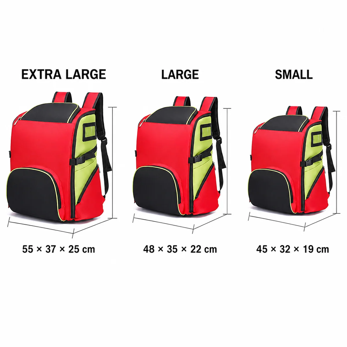 Red/Orange/Black medical emergency backpacks size and dimension view - SKU 09912